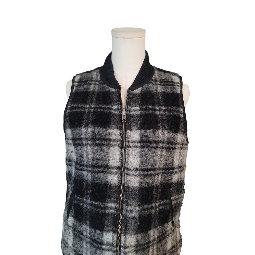 Madewell Plaid Wool Blend Bomber Vest Gray‎ Black Zip Front Quilted Lined Size S